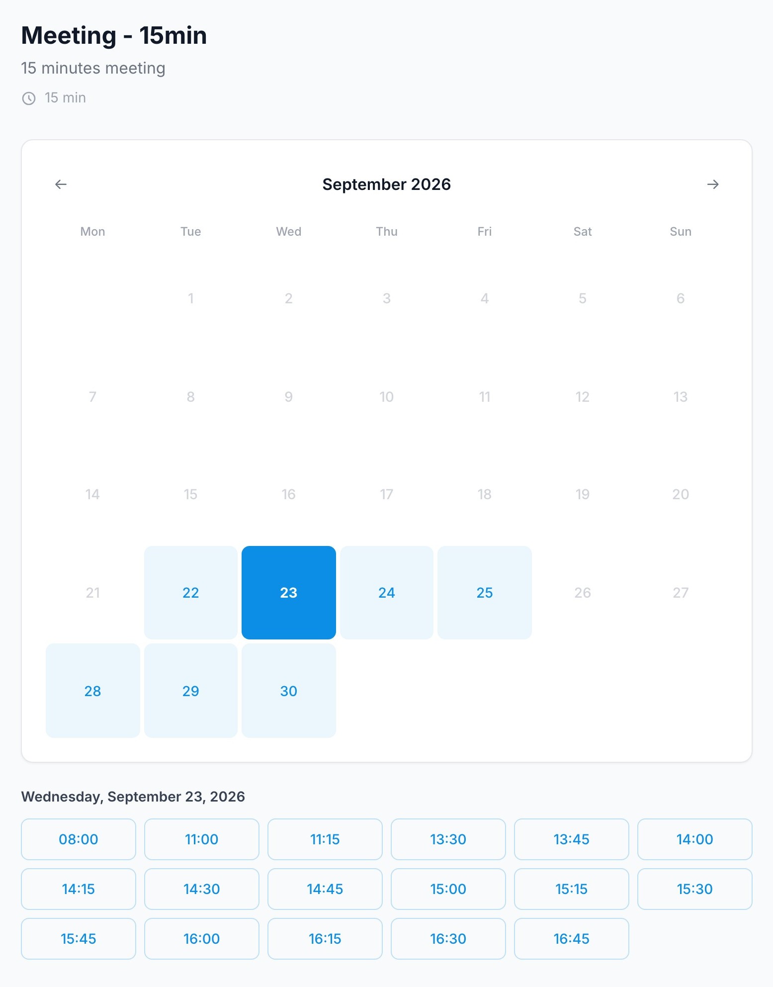 Page de réservation Slotix : mercredi 23 septembre 2026 sélectionné, avec les créneaux horaires affichés
